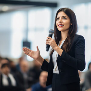 Female speaker giving a talk on corporate business conference. Unrecognizable people in audience at conference hall. Business and Entrepreneurship event